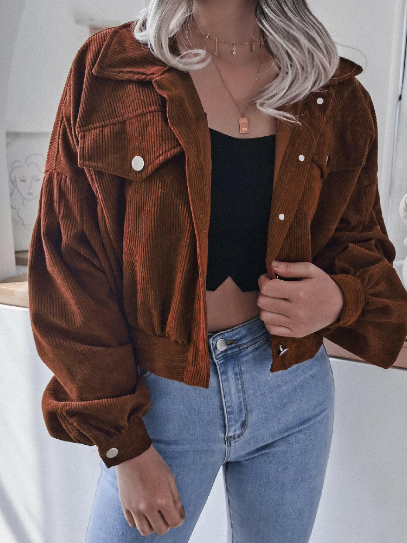 Double Take Lantern Sleeve Cropped Corduroy Jacket.