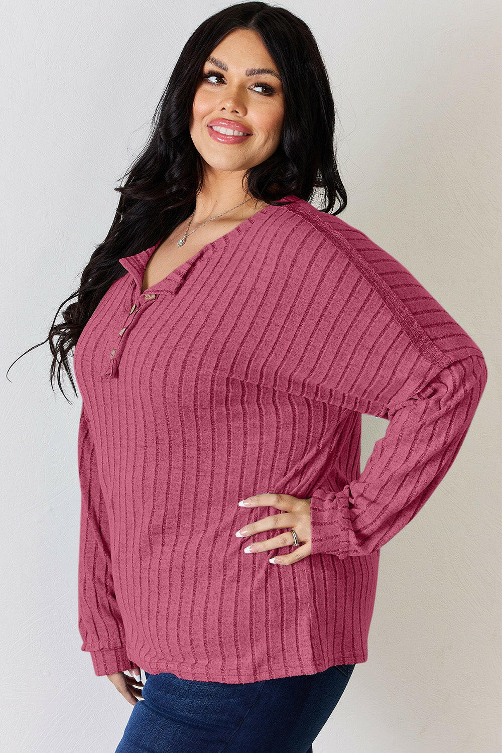 Basic Bae Ribbed Half Button Long Sleeve T-Shirt.