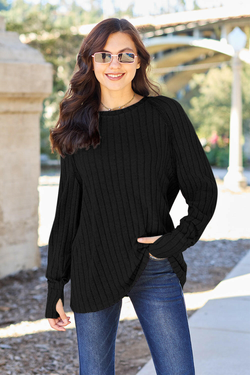 Basic Bae Full Size Ribbed Round Neck Long Sleeve Knit Top.