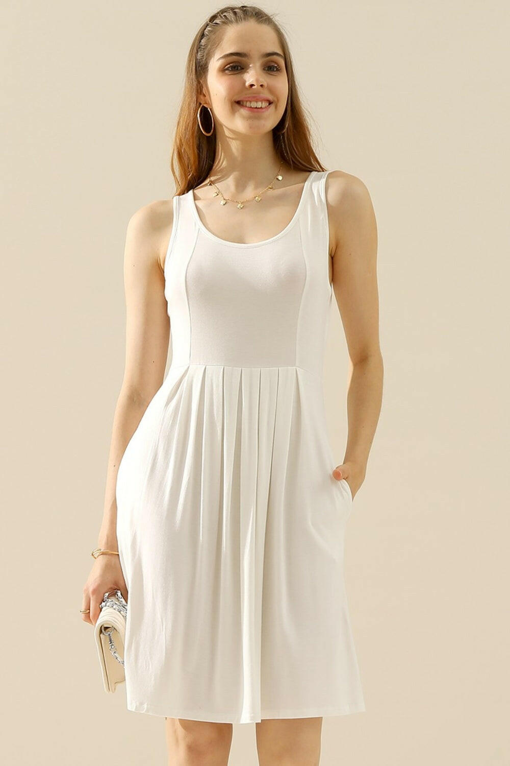 Round Neck Rouched Sleeveless Dress with Pockets.