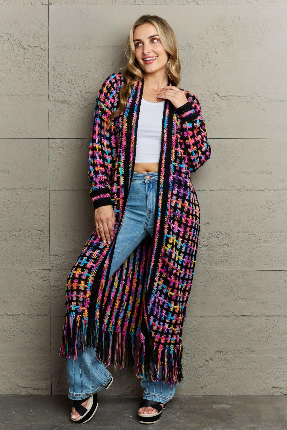 Angel Wings Multicolored Open Front Fringe Hem Cardigan.