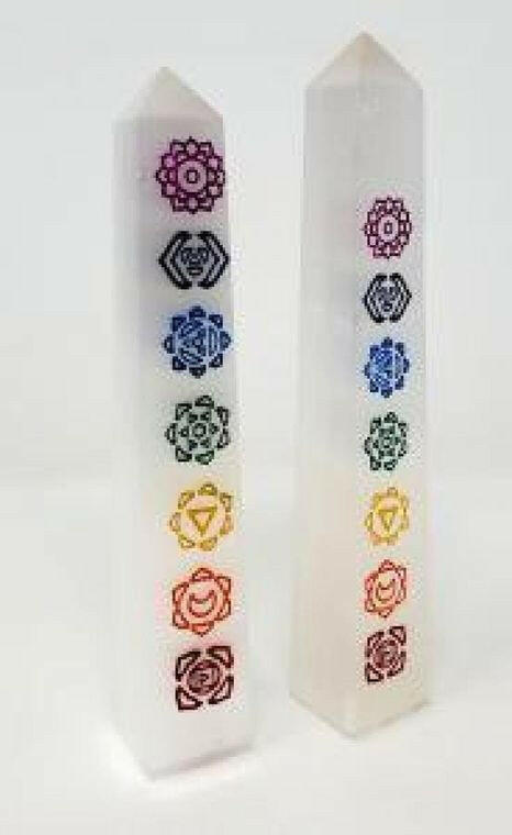 Selenite Obelisk 7 Chakra Healing Wand 6-7" (2 Pc).