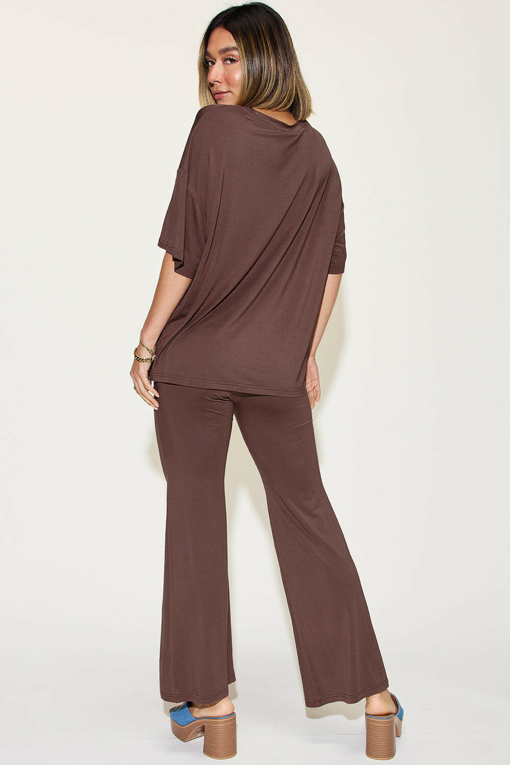 Basic Bae Bamboo Drop Shoulder T-Shirt and Flare Pants Set.