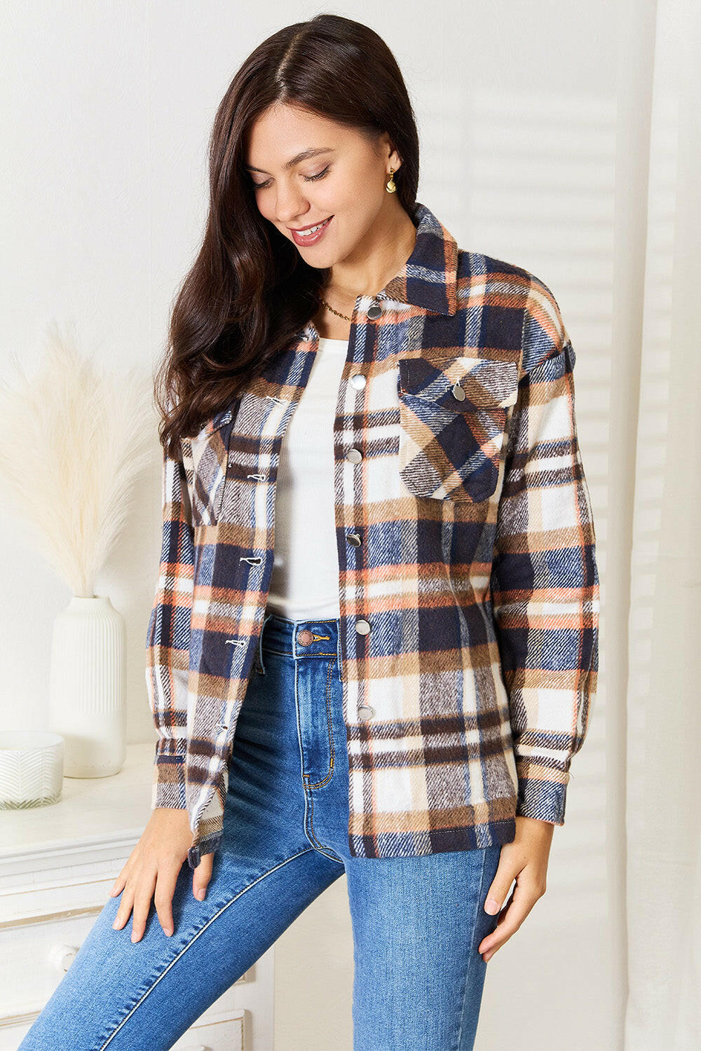 Double Take Plaid Button Front Shirt Jacket.