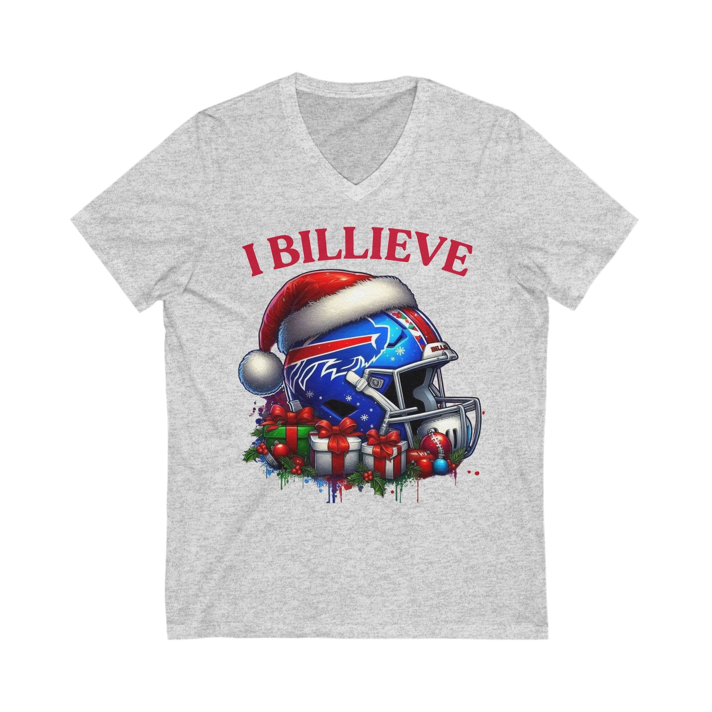 V-Neck Tee: I BILLIEVE - Buffalo Bills Helmet Xmas T-Shirt