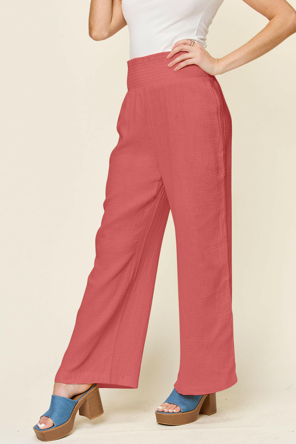 Textured Smocked Waist Wide Leg Pants.