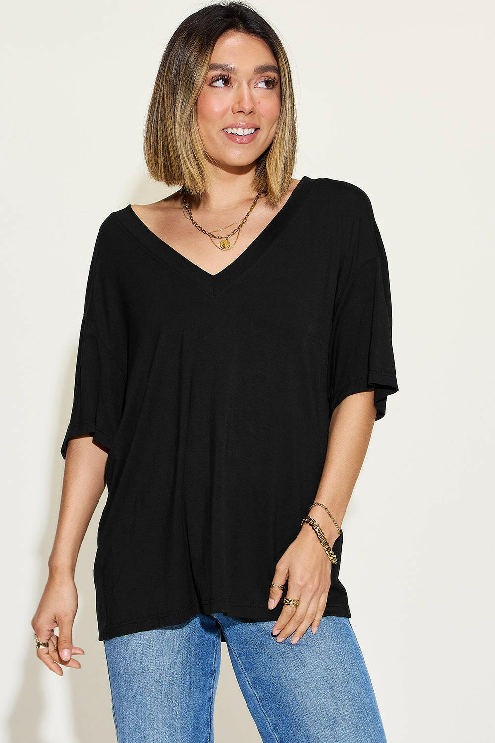 Basic Bae Bamboo V-Neck Drop Shoulder T-Shirt.