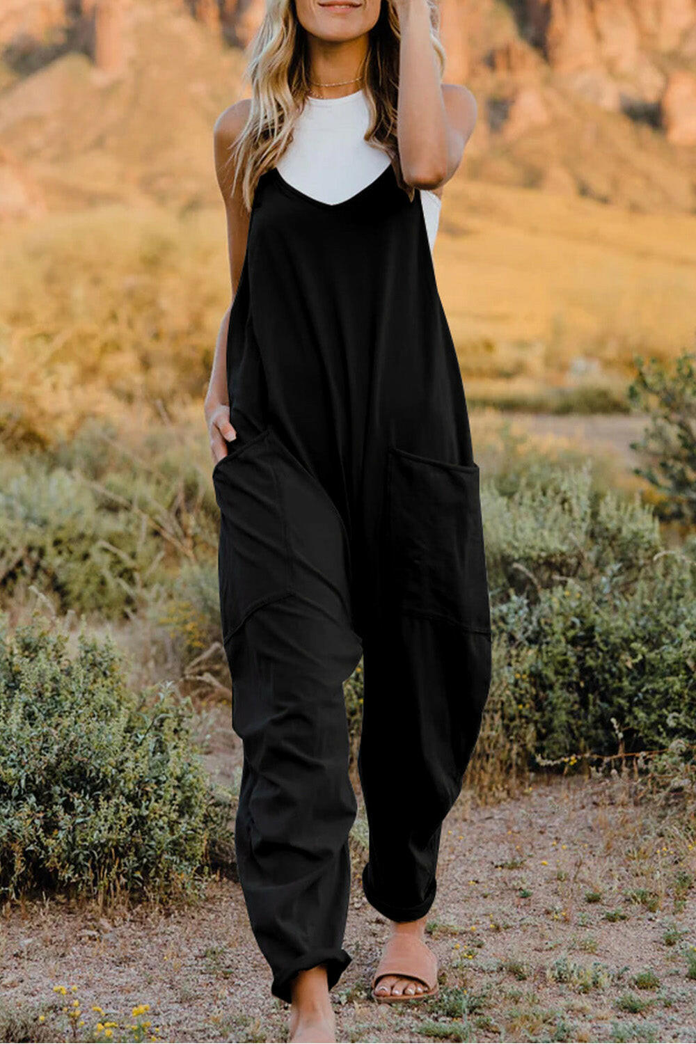 V-Neck Sleeveless Jumpsuit with Pockets.