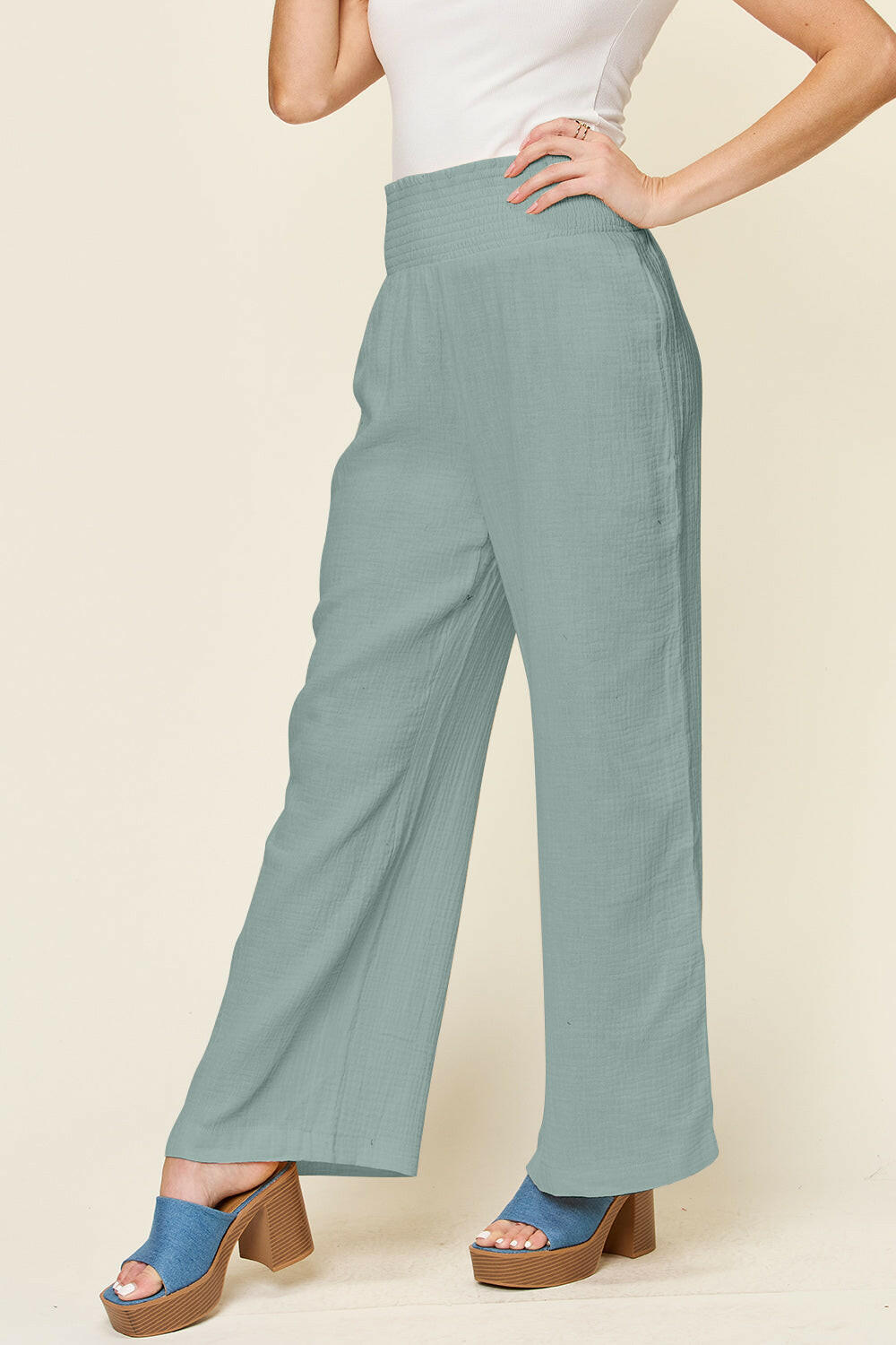 Textured Smocked Waist Wide Leg Pants.