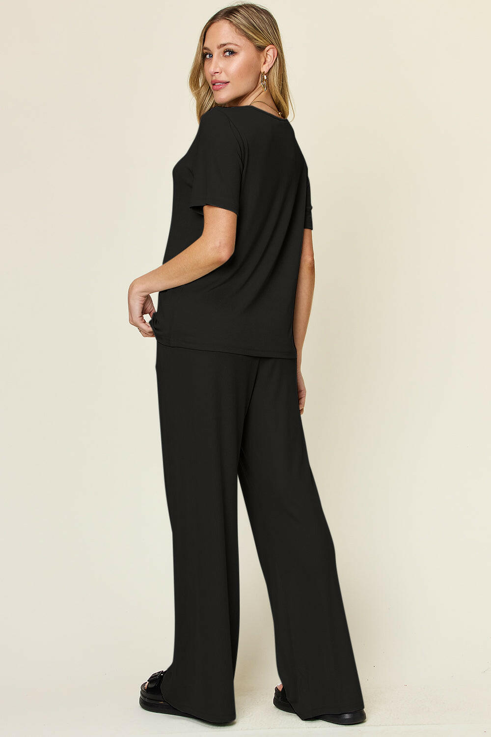 Round Neck Short Sleeve T-Shirt and Wide Leg Pants Set.