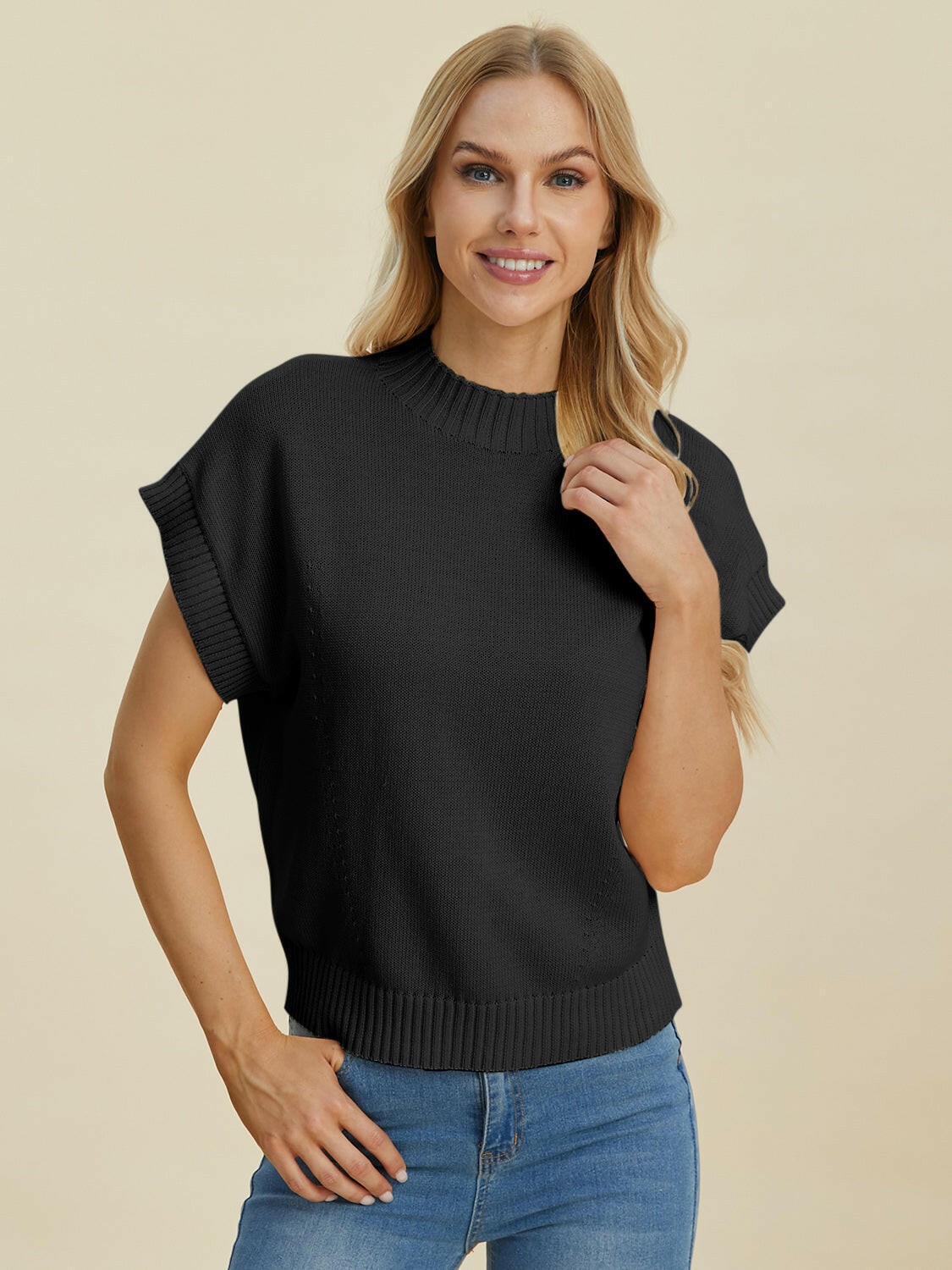 Double Take Mock Neck Short Sleeve Sweater.