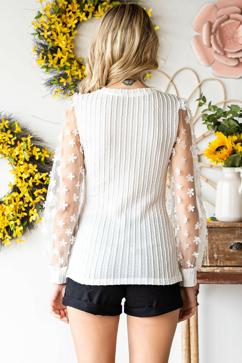 Textured Applique Long Sleeve Blouse.