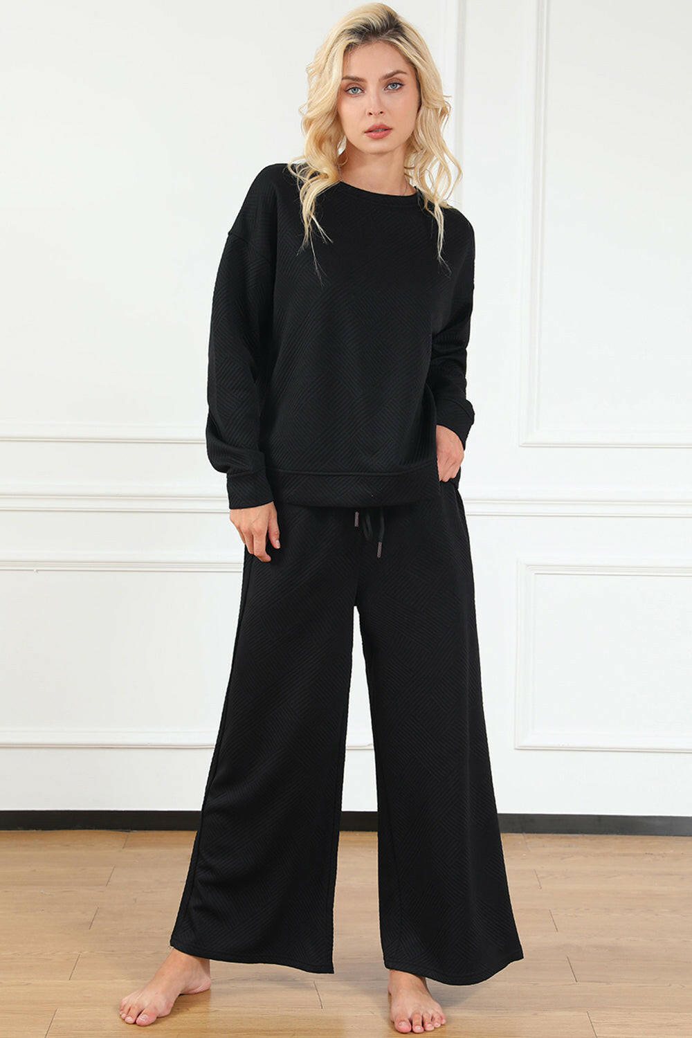 Textured Long Sleeve Top and Drawstring Pants Set.