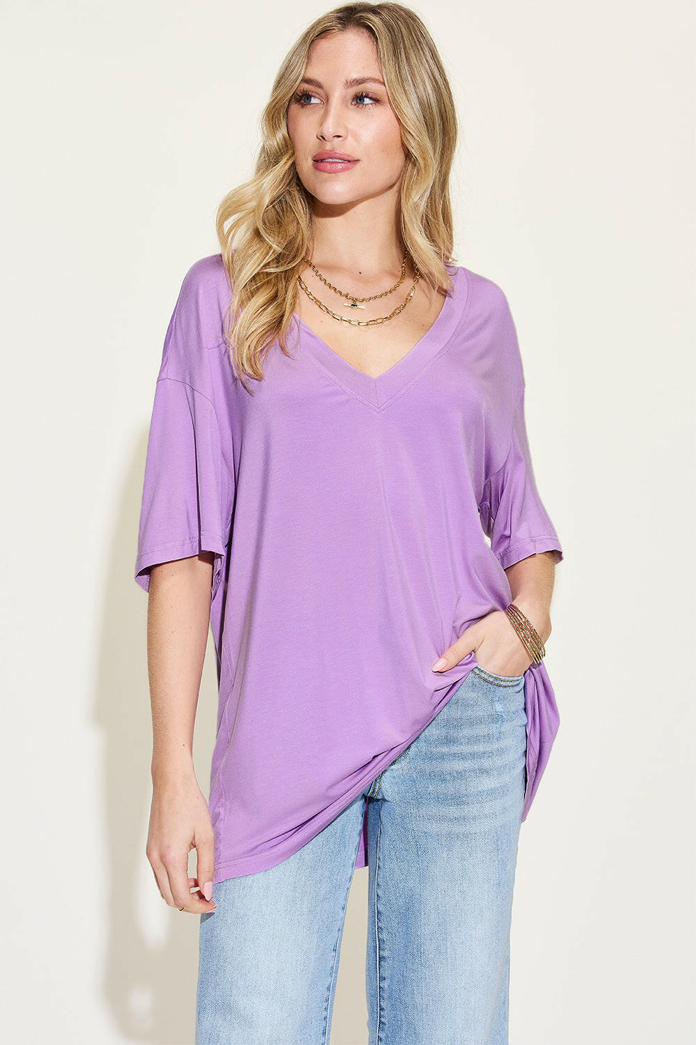 Basic Bae Bamboo V-Neck Drop Shoulder T-Shirt.