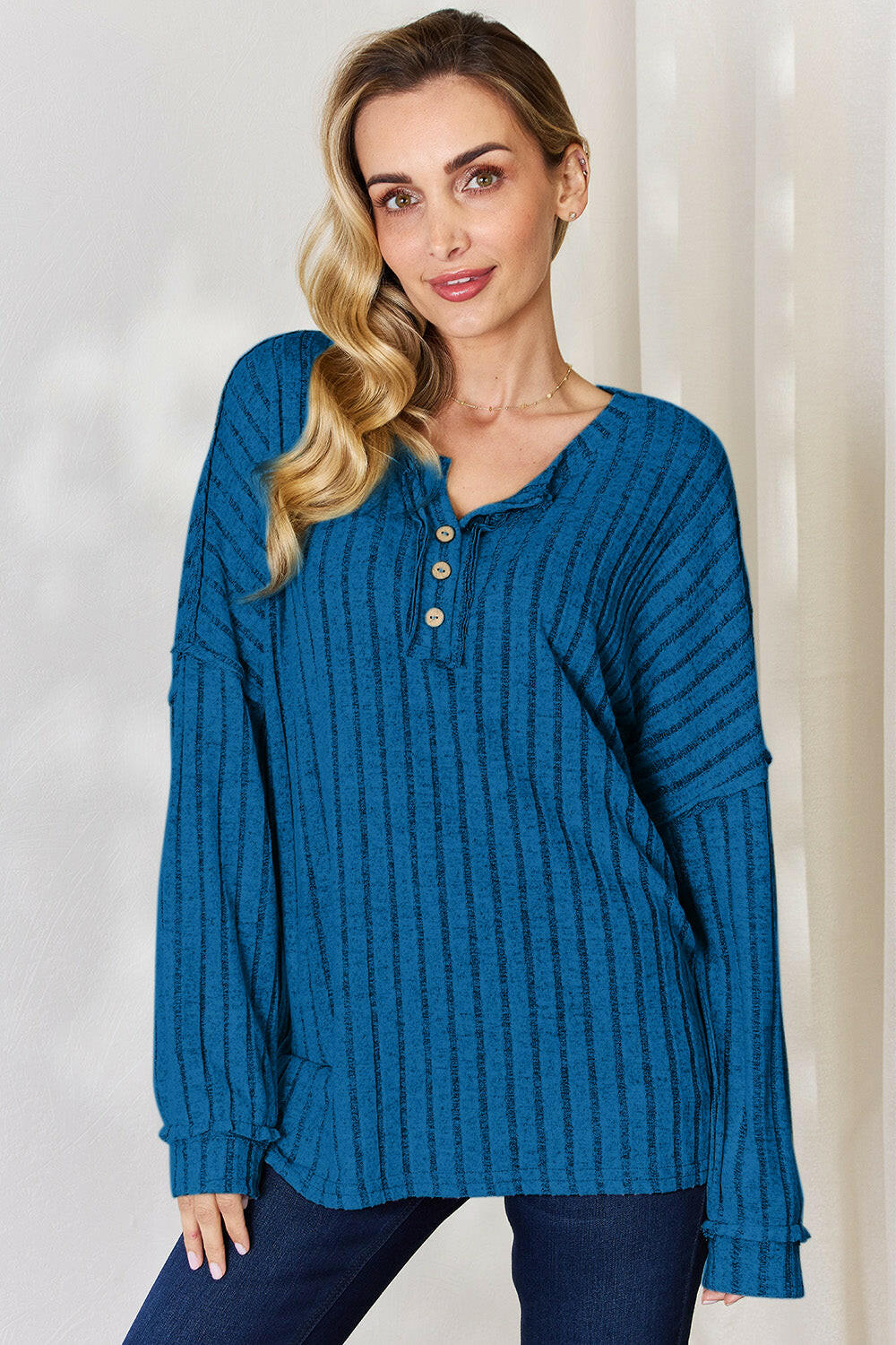 Basic Bae Ribbed Half Button Long Sleeve T-Shirt.