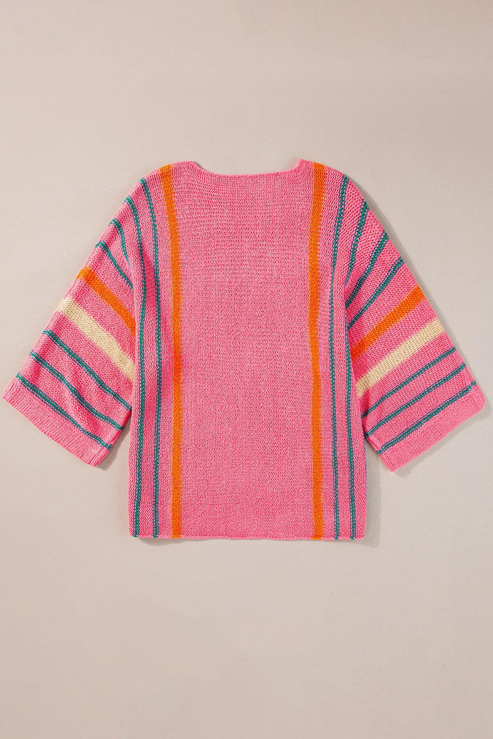 Striped Boat Neck Three-Quarter Sleeve Knit Top.