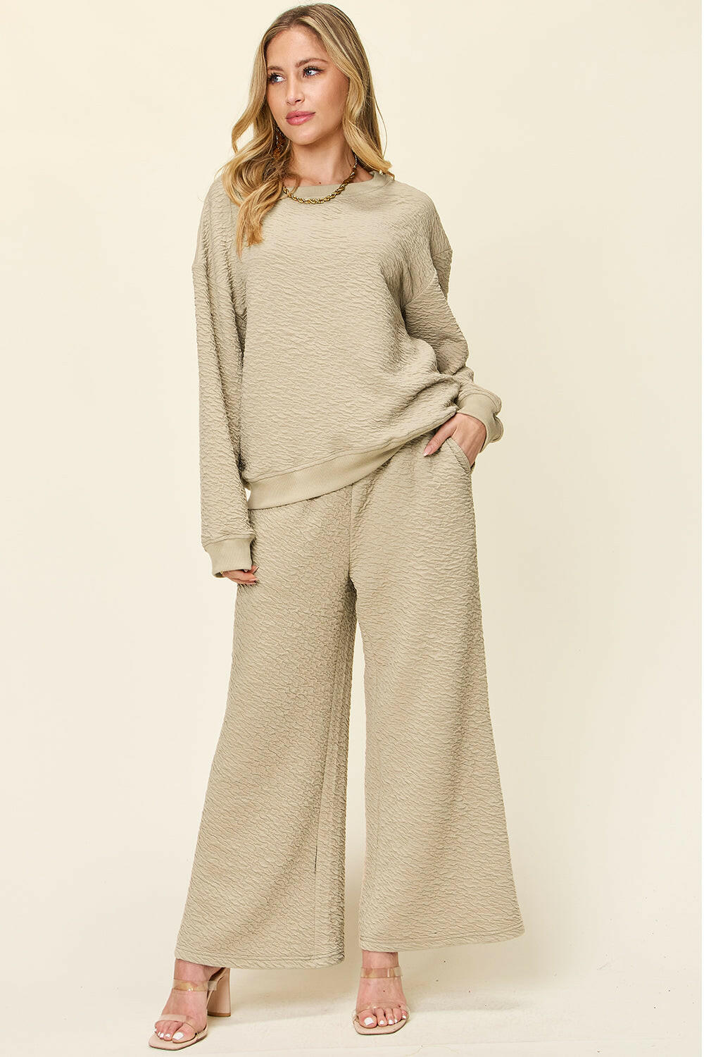 Double Take Textured Long Sleeve Top and Pants Set.