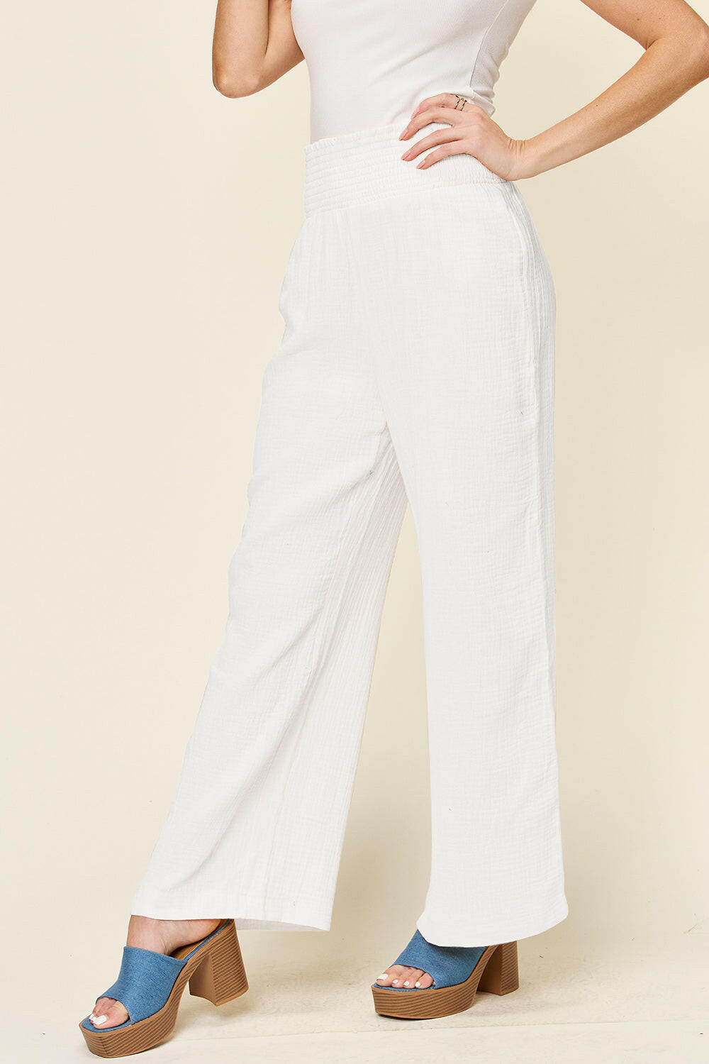 Textured Smocked Waist Wide Leg Pants.