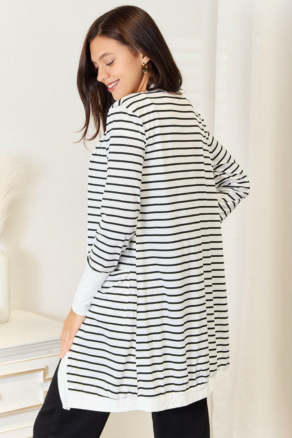 Double Take Striped Open Front Longline Cardigan.