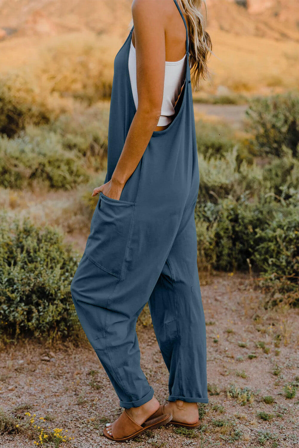 V-Neck Sleeveless Jumpsuit with Pockets.