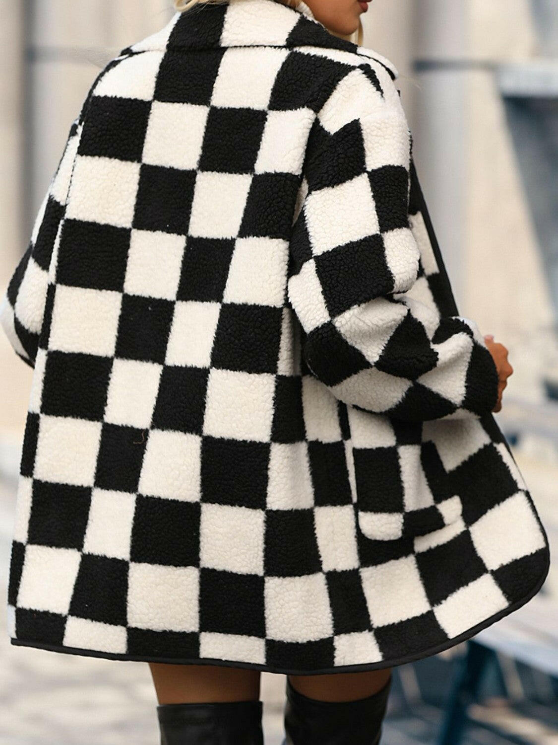 Double Take Checkered Button Front Coat with Pockets.