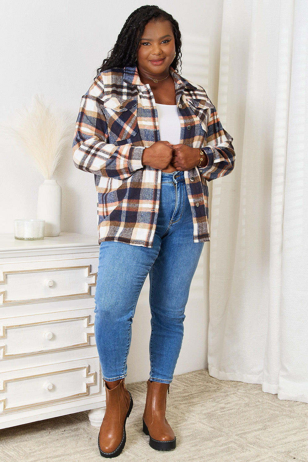 Double Take Plaid Button Front Shirt Jacket.