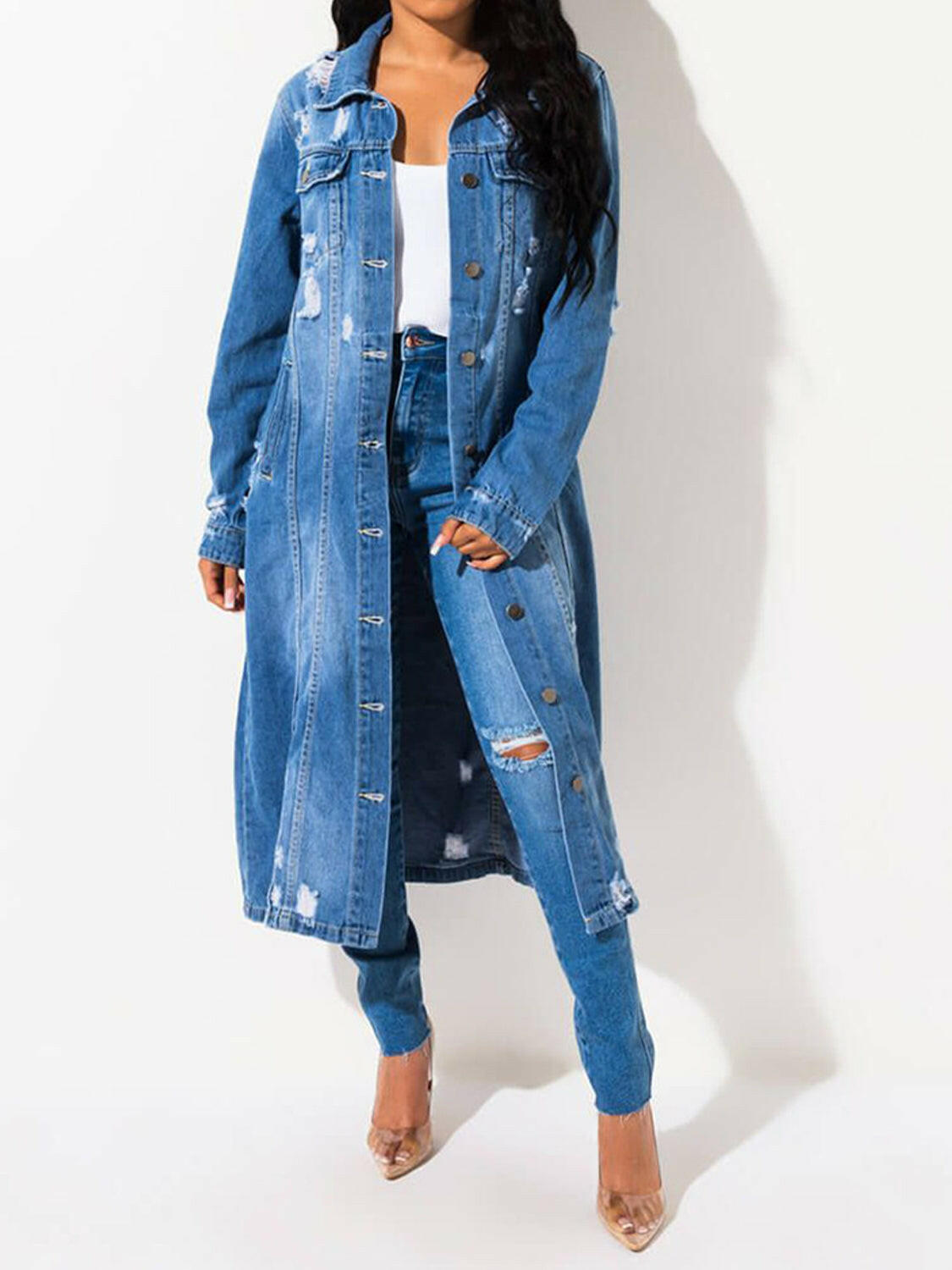 Long Sleeve Raw Hem Denim Jacket.