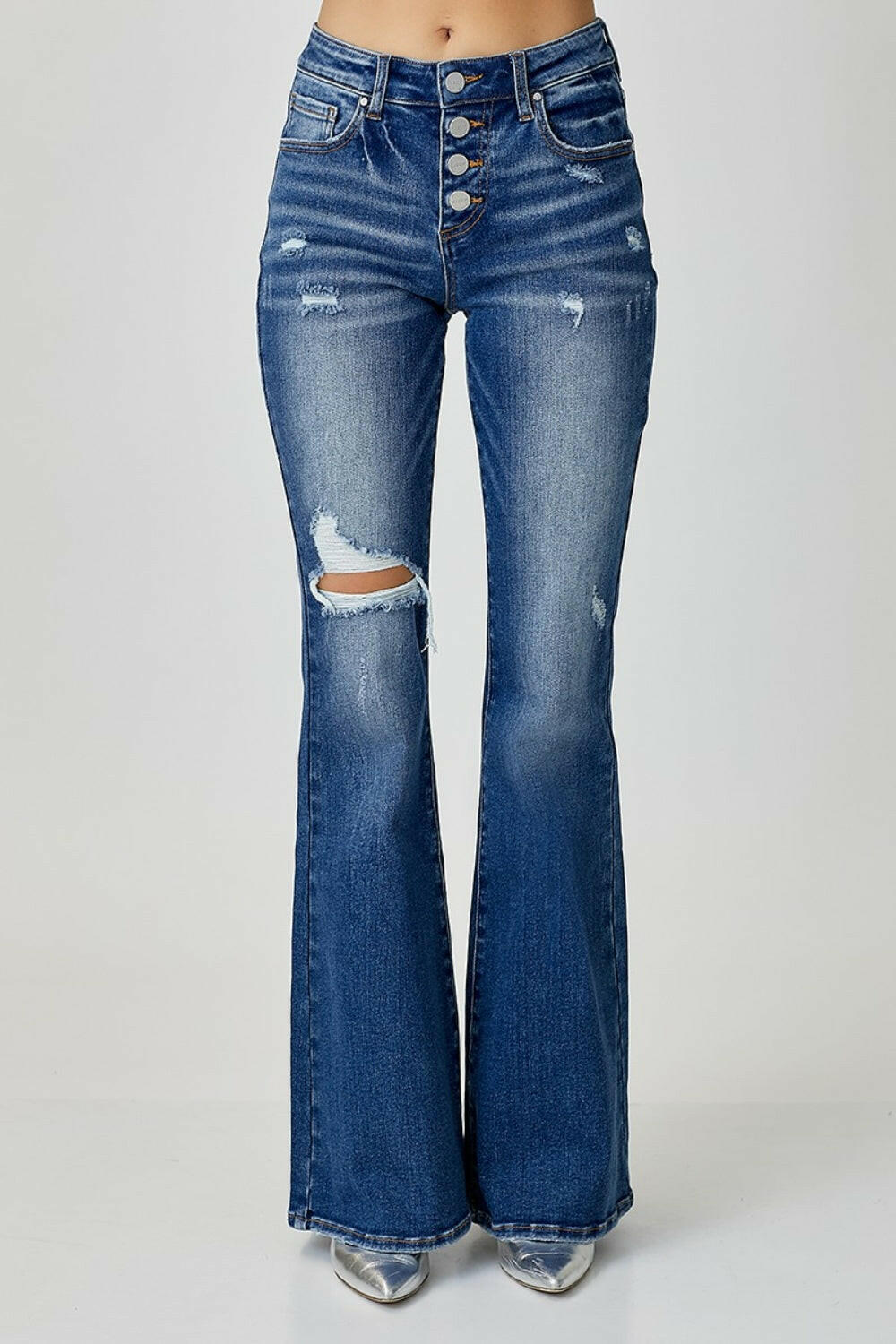 RISEN Distressed Button-Fly Flare Jeans.