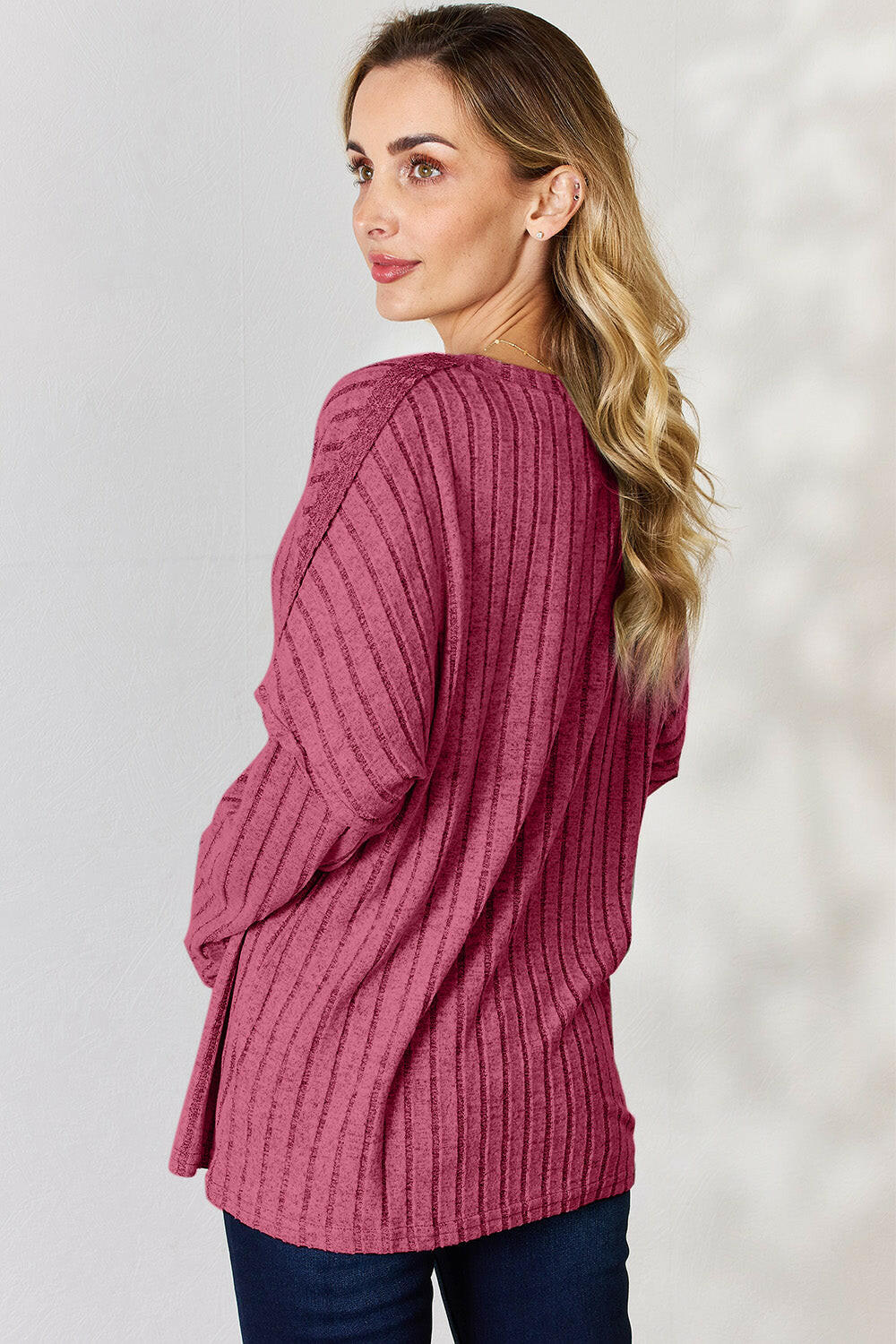 Basic Bae Ribbed Half Button Long Sleeve T-Shirt.