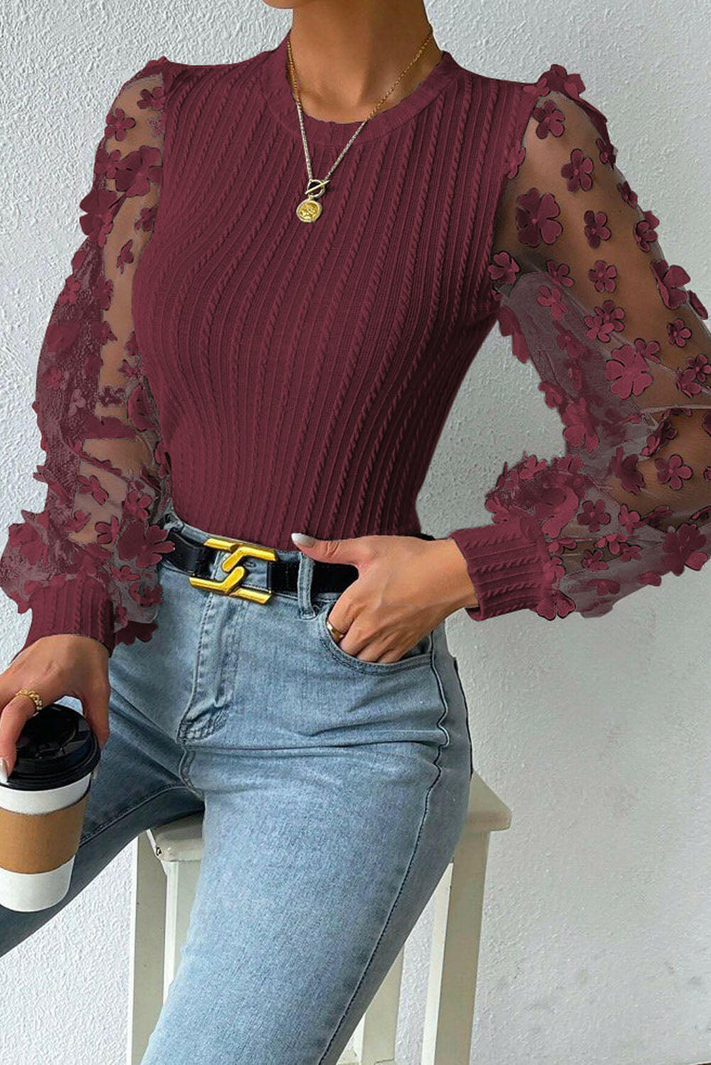 Textured Applique Long Sleeve Blouse.