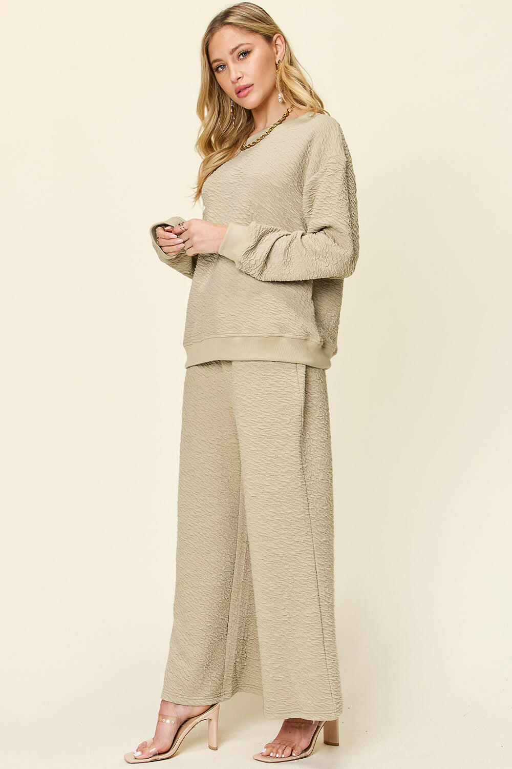 Double Take Textured Long Sleeve Top and Pants Set.