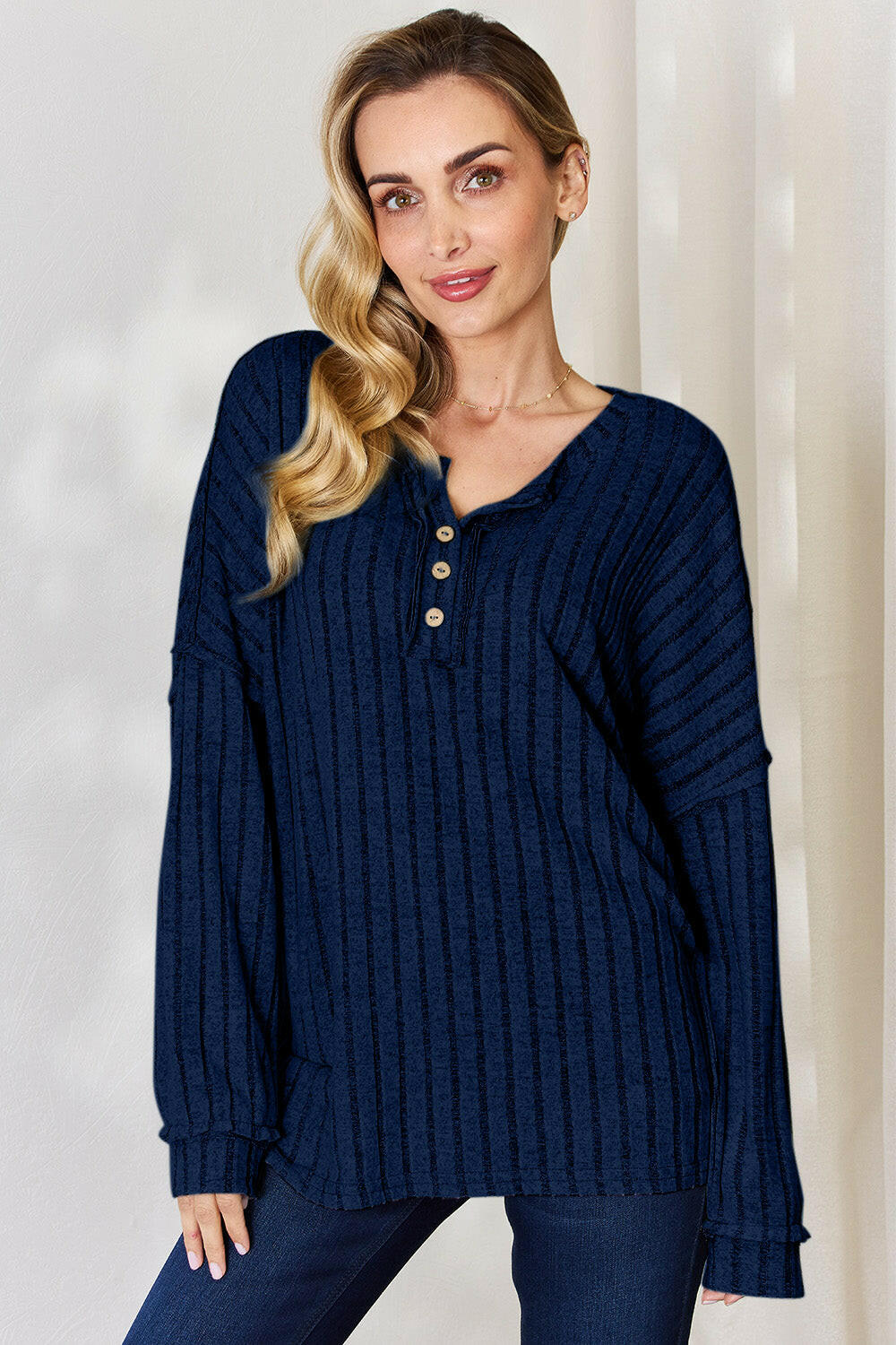 Basic Bae Ribbed Half Button Long Sleeve T-Shirt.