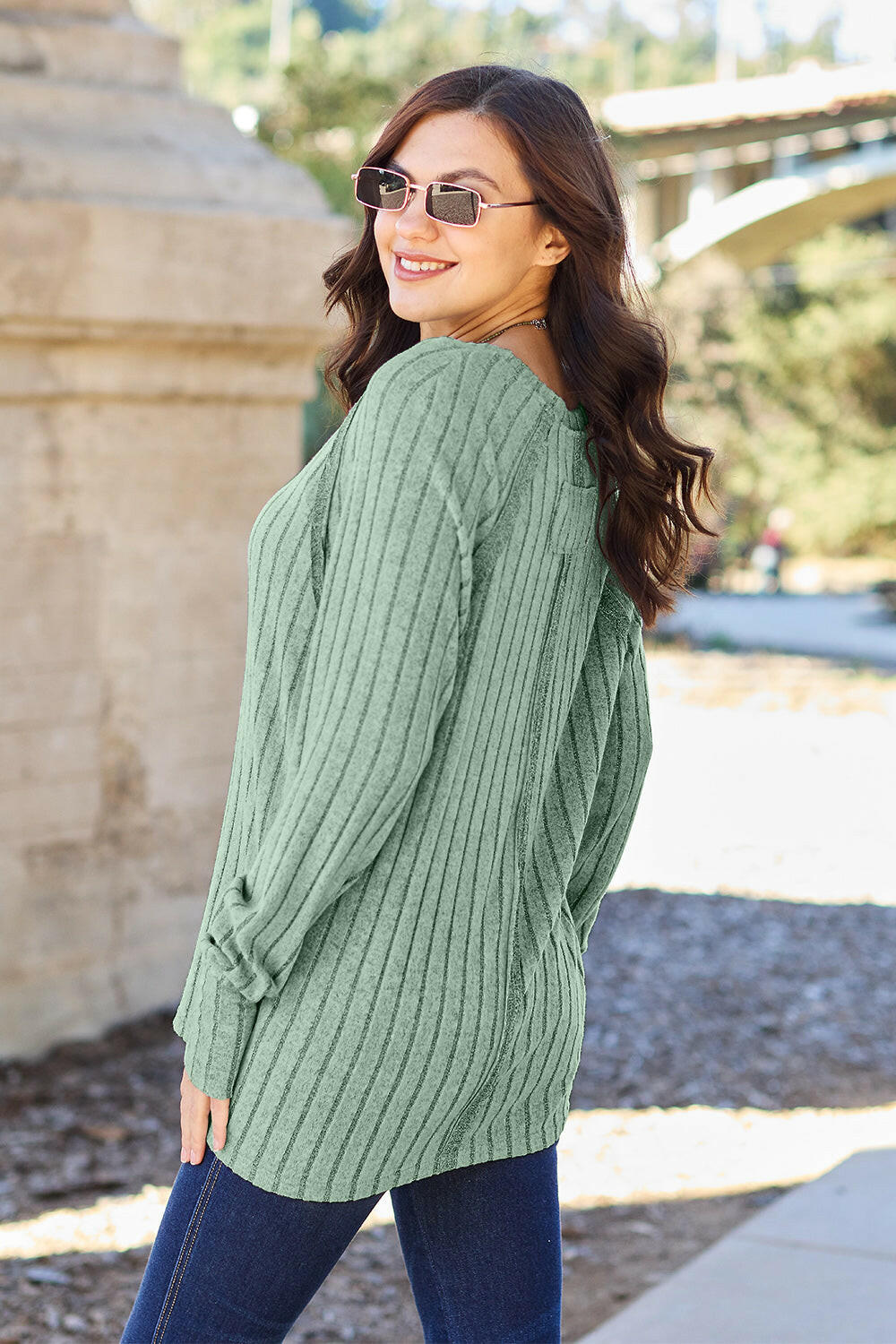 Basic Bae Full Size Ribbed Round Neck Long Sleeve Knit Top.