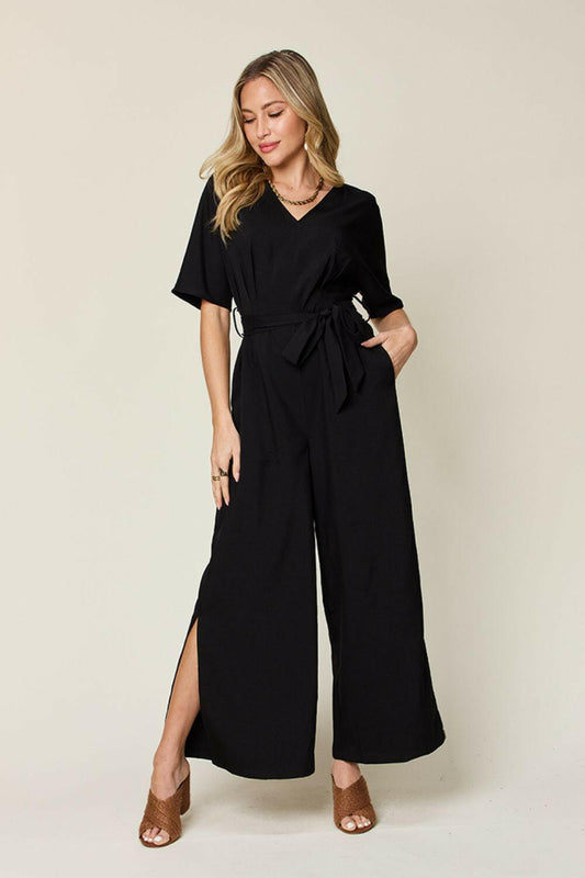 V-Neck Tied Side Slit Jumpsuit.