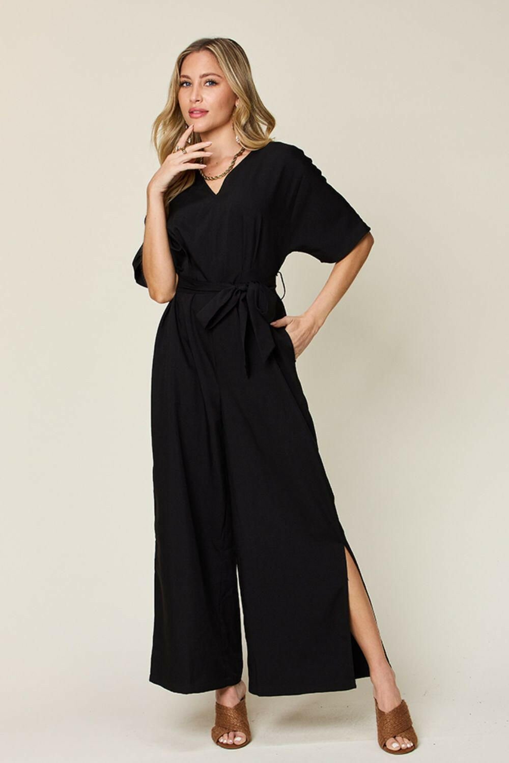 V-Neck Tied Side Slit Jumpsuit.