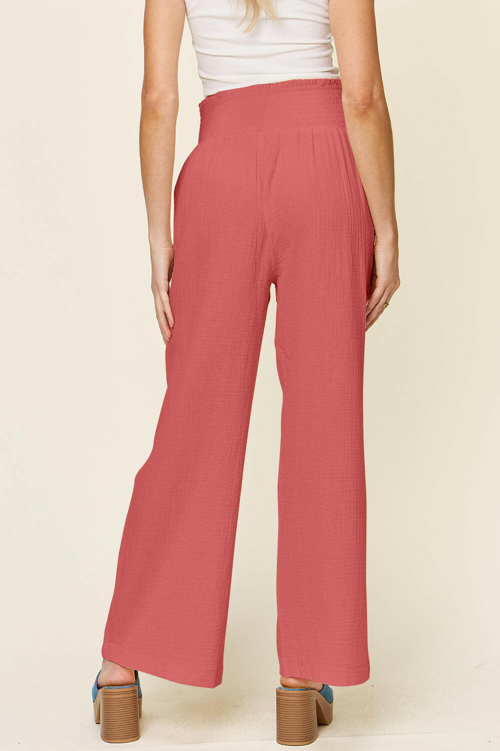 Textured Smocked Waist Wide Leg Pants.