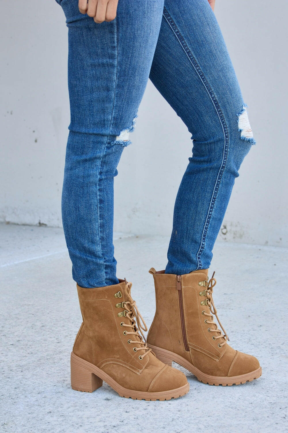 Forever Link Lace-Up Zipper Detail Block Heel Boots.