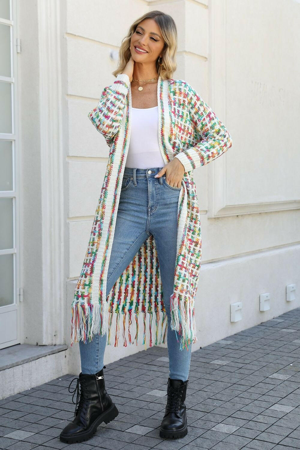 Angel Wings Multicolored Open Front Fringe Hem Cardigan