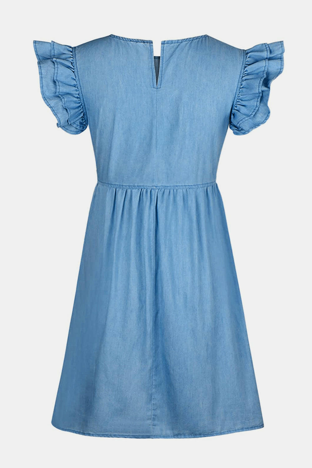 Full Size Ruffled Round Neck Cap Sleeve Denim Dress.