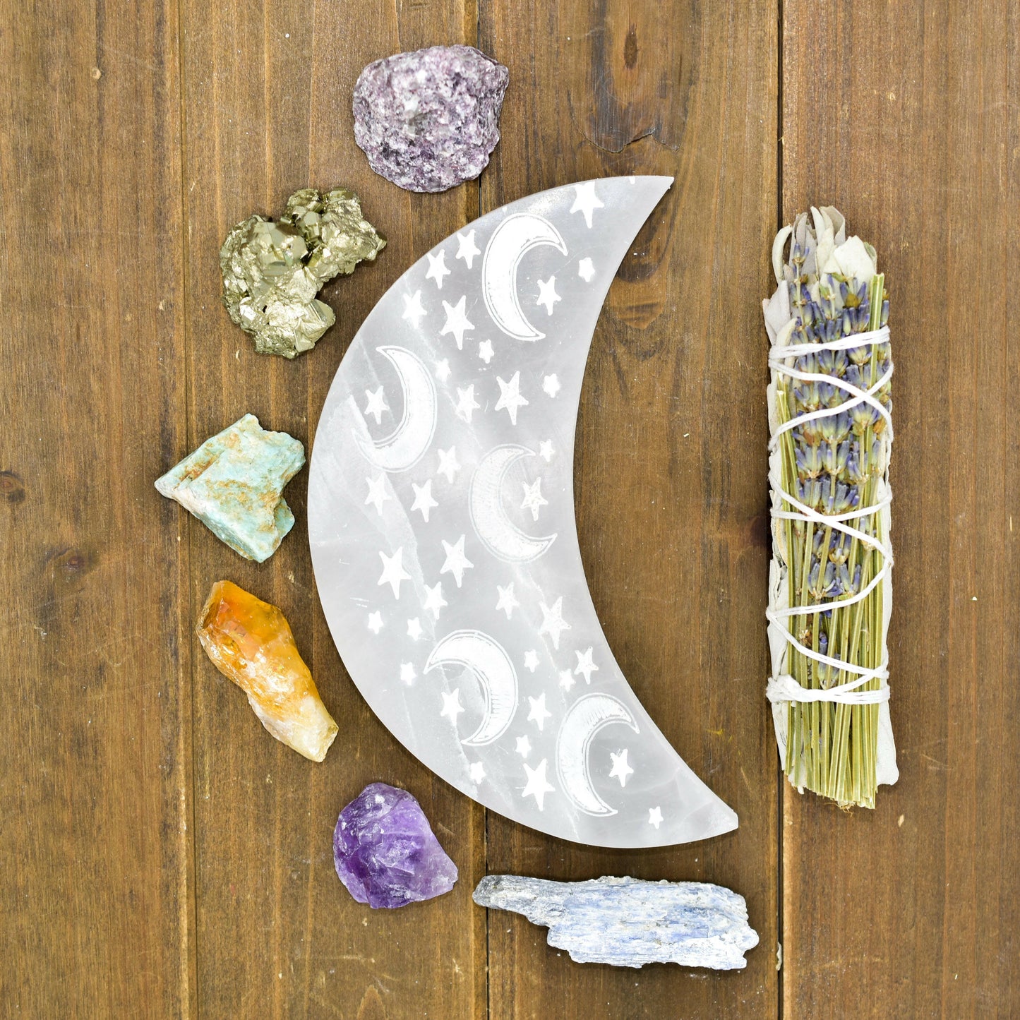 Celestial Engraved Crescent Moon Selenite Plate.