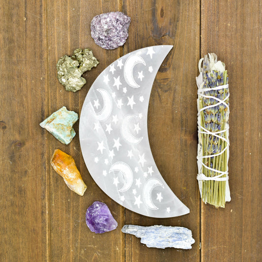 Celestial Engraved Crescent Moon Selenite Plate.