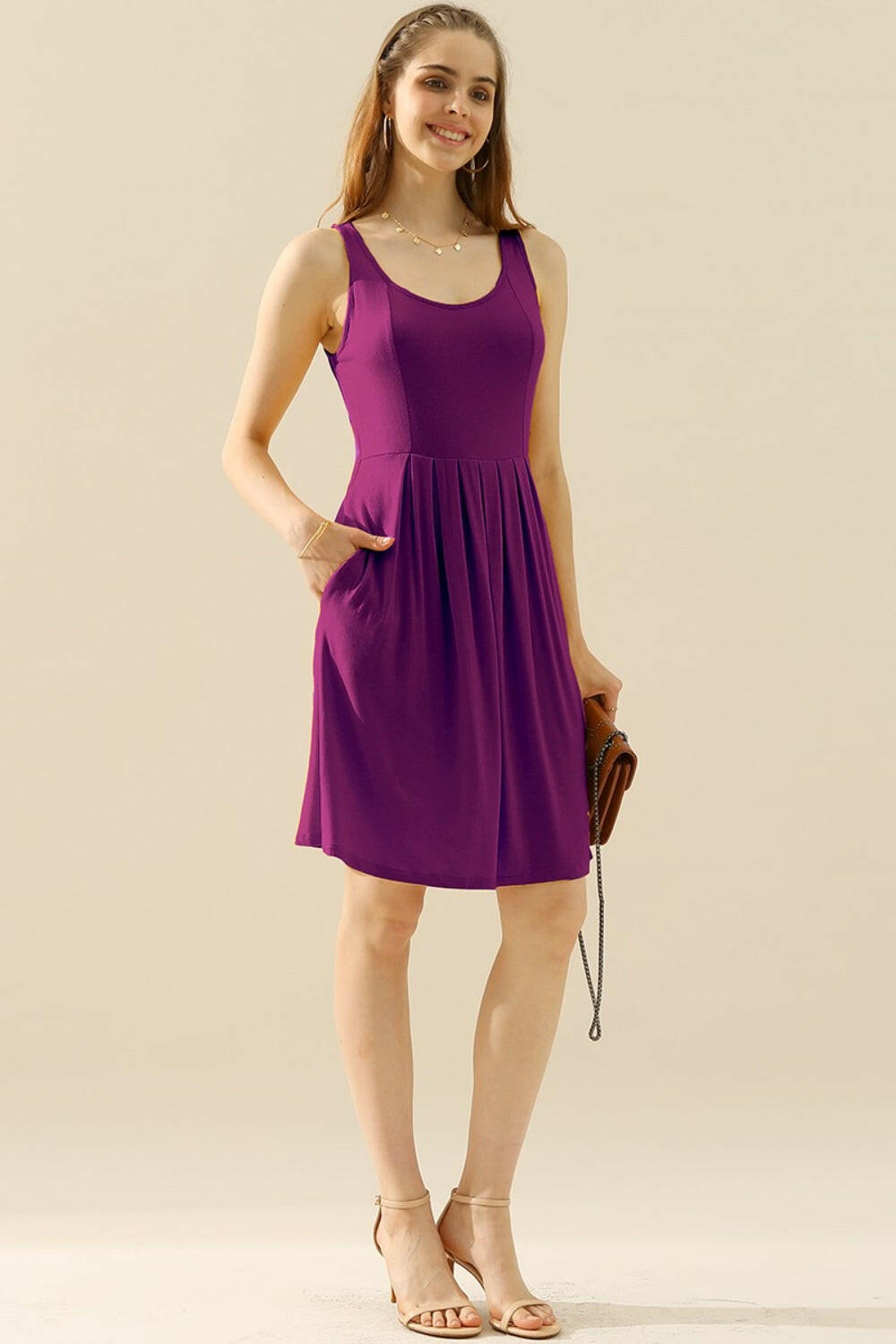 Round Neck Rouched Sleeveless Dress with Pockets.