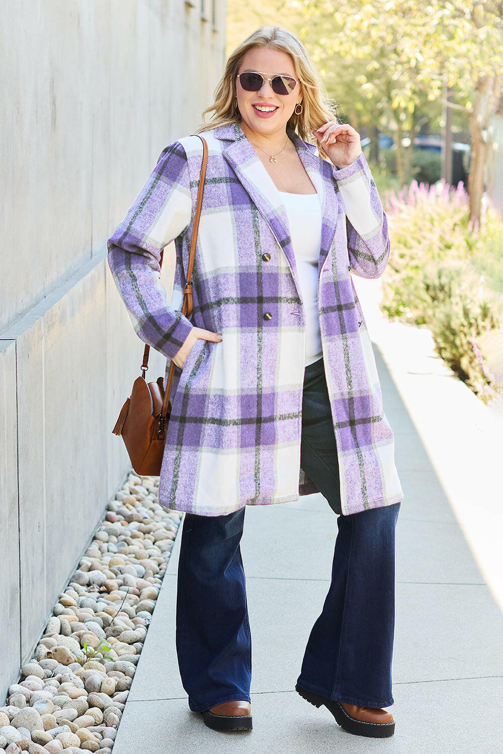 Double Take Plaid Button Up Lapel Collar Coat