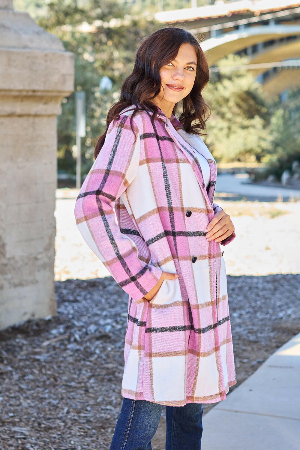 Double Take Plaid Button Up Lapel Collar Coat.