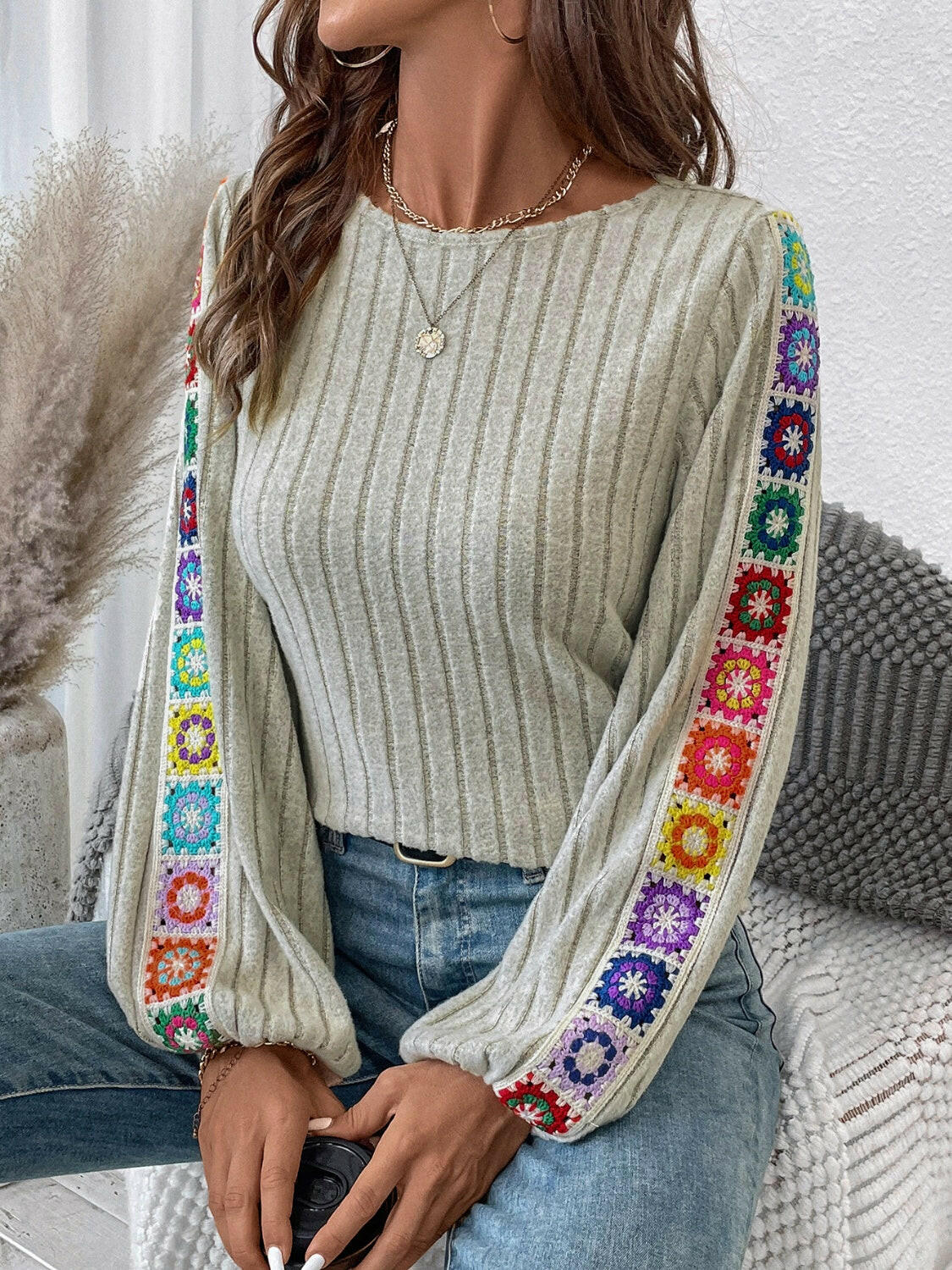 Embroidered Round Neck Long Sleeve Top.