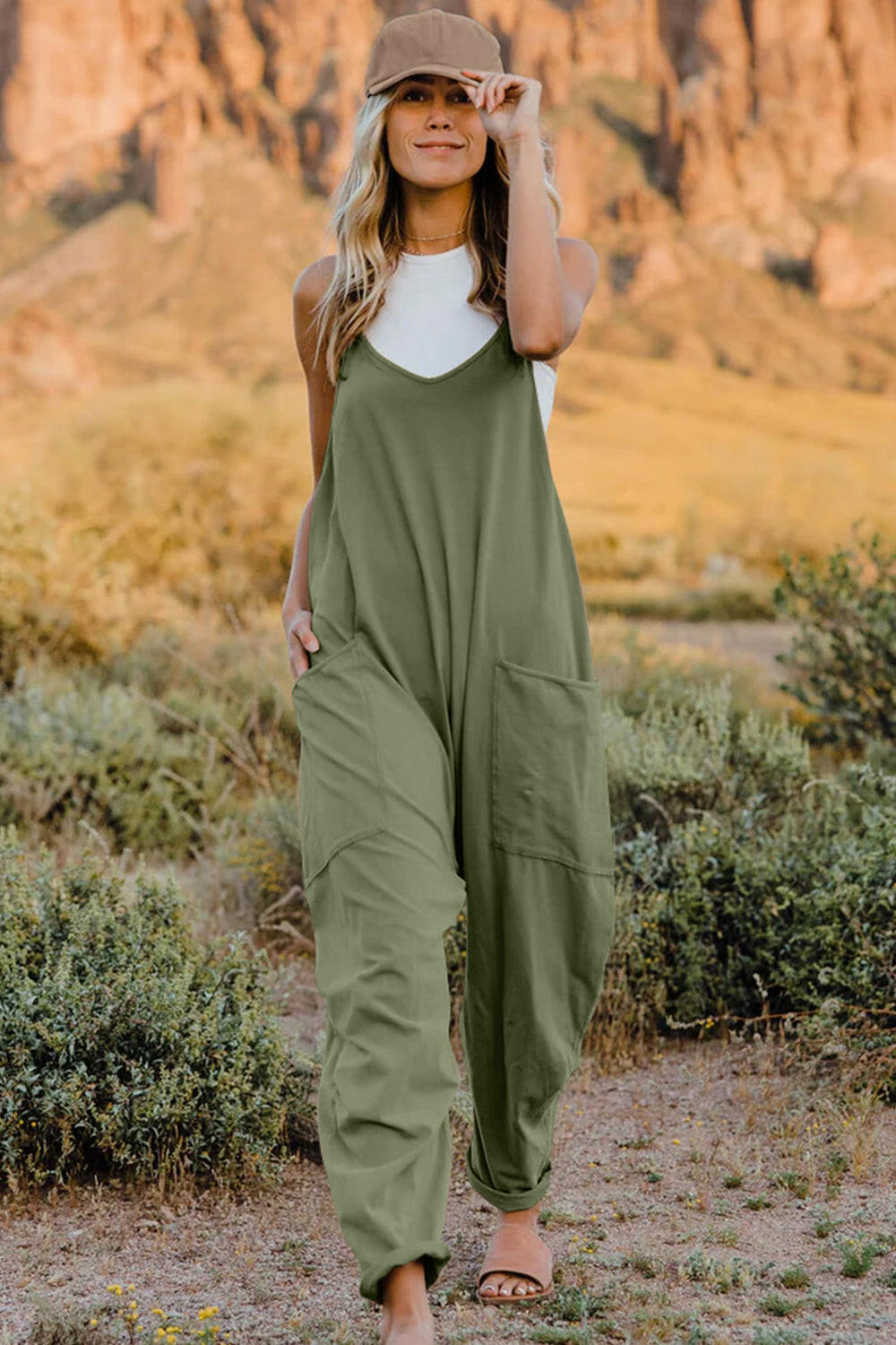 V-Neck Sleeveless Jumpsuit with Pockets.