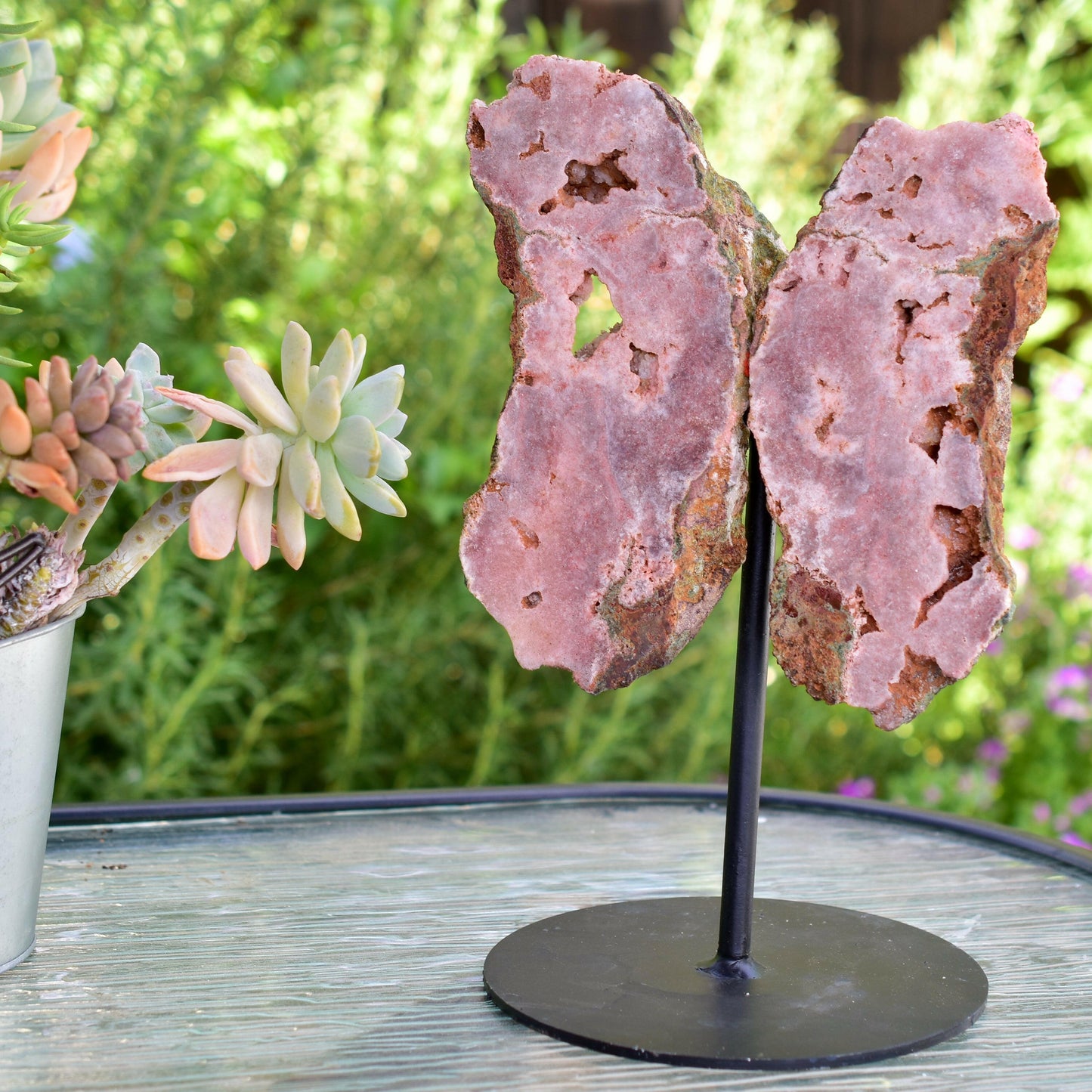 Divine Serenity Grade A Pink Amethyst Angel Wings on Metal Base: A Symbol of Protection and Grace - Perfect for Inspiring Any Space