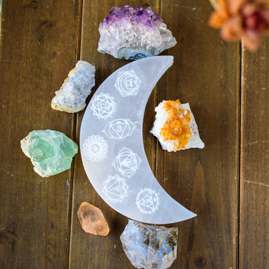 7 Chakras Engraved Crescent Moon Selenite Plate