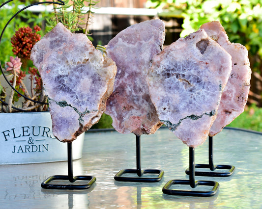 Tranquil Elegance Pink Amethyst on Metal Base: A Stunning Fusion of Natural Beauty and Serenity - Perfect for Enhancing Any Space