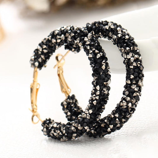 Crystaldust Hoop Earring With Gemstone  Crystals - Black 18K Gold Plat